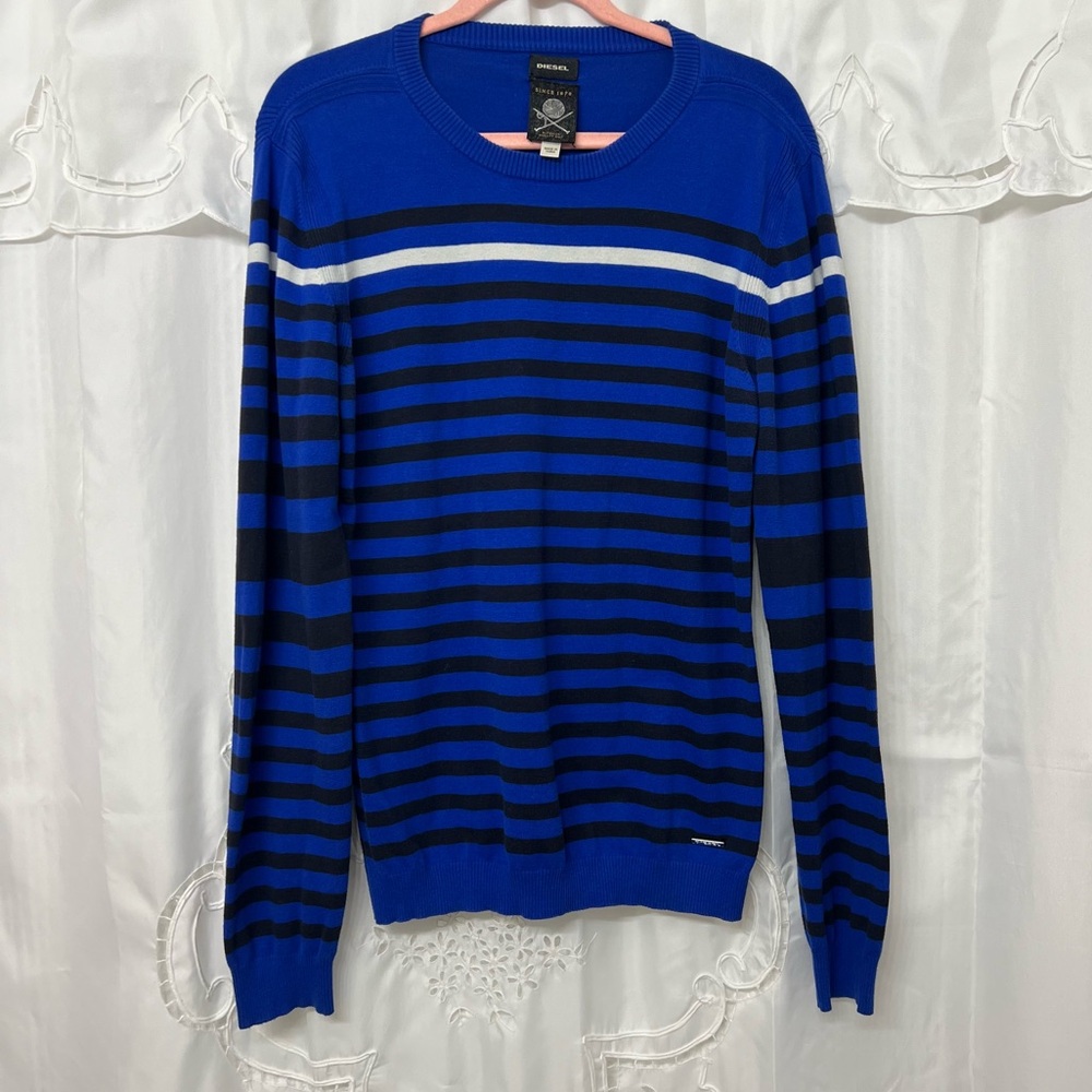 Diesel Blue Striped Knit Crewneck Sweater Pullover Size Large